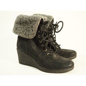 Ugg Zea Black Leather Fold-over Gray Sheepskin Detail Wedge Heel Winter Boots, 5